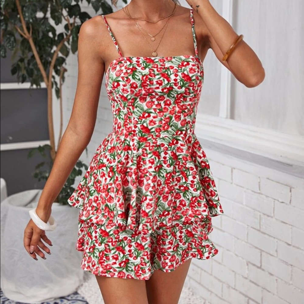 NEW SHEIN Tie Back Layered Floral Romper